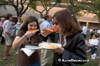 Amy and Sue Bell traveled from San Francisco on Amy's spring break to volunteer in New Orleans. They are also supporting the economy by staying in a hotel and eating out. They stopped by "Wednesdays in the Square" at Lafayette Square for pizza and jazz, a New Orleans Spring tradition.